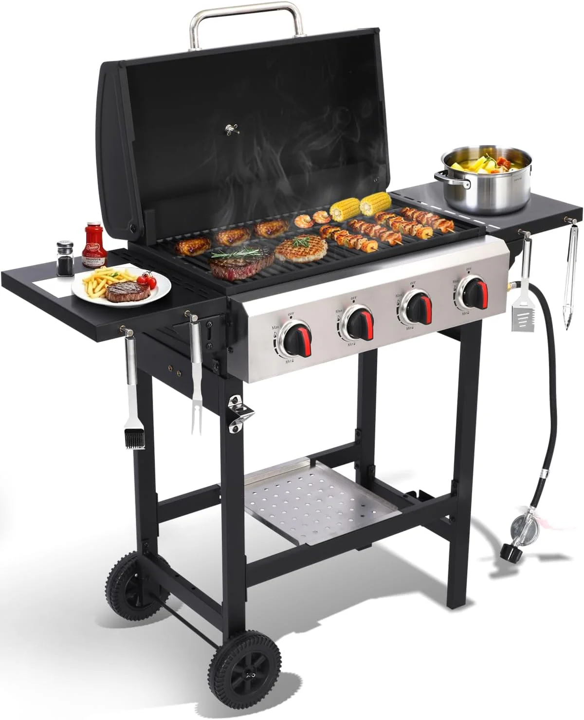 Propane Gas Grill with Folding Side Tables 3-Burner Gas Grill Outdoor BBQ Grill Portable