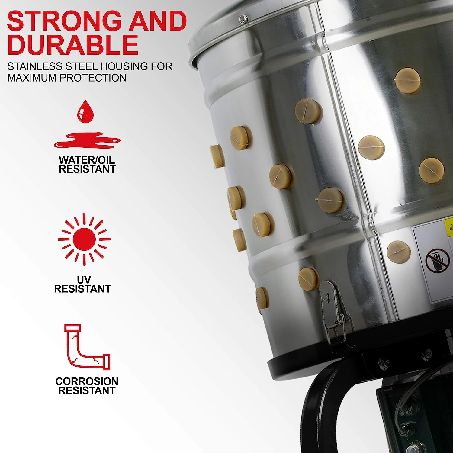 Kitchener Chicken Plucker De-Feather Remover Poultry and Fowl Food Processor Electric Stainless Steel Heavy Duty 1HP 120VAC 280RPM GFCI Connector 92 Soft Fingers 20" Drum Diameter