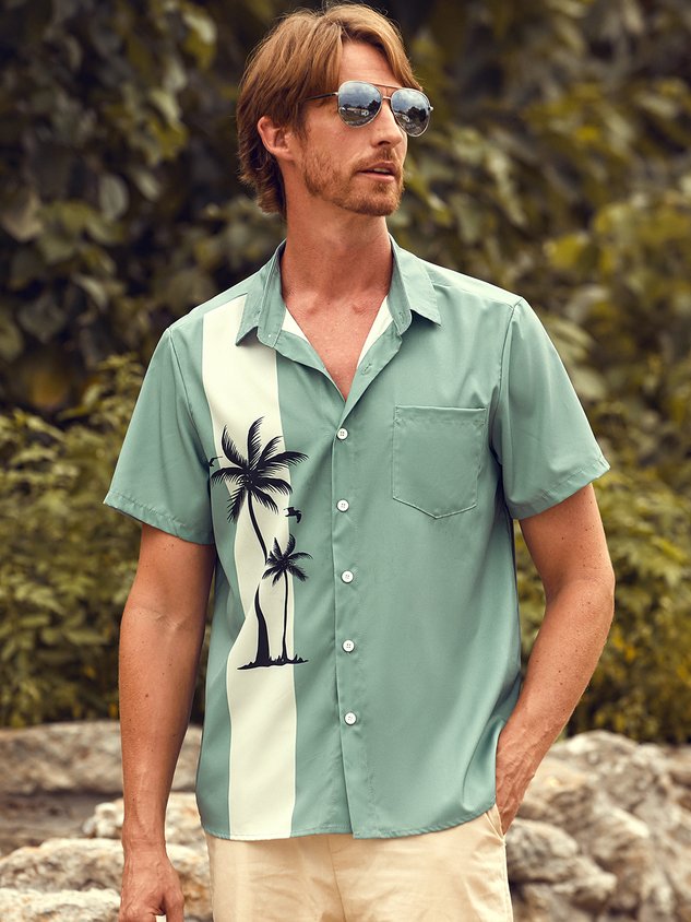 Mens Beach Print Casual Breathable Hawaiian Short Sleeve Shirt