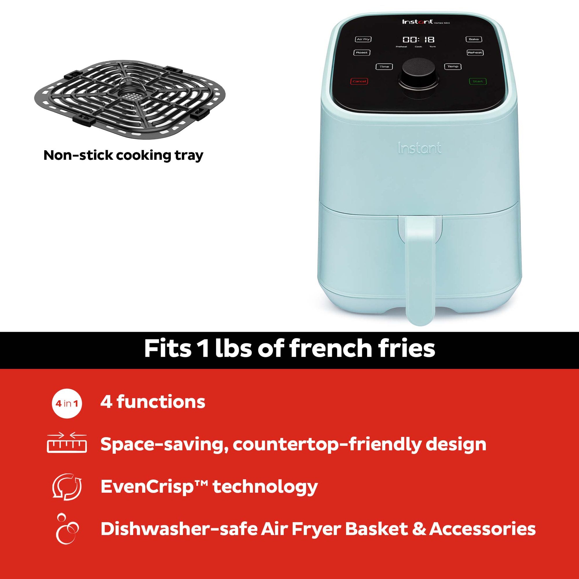 Instant Pot, 2-Quart Vortex Mini Air Fryer Oven, 4-in-1 Oil-Less Cooker, Roaster, Toaster, Crisper, Dehydrater, Warmer & More, Aqua