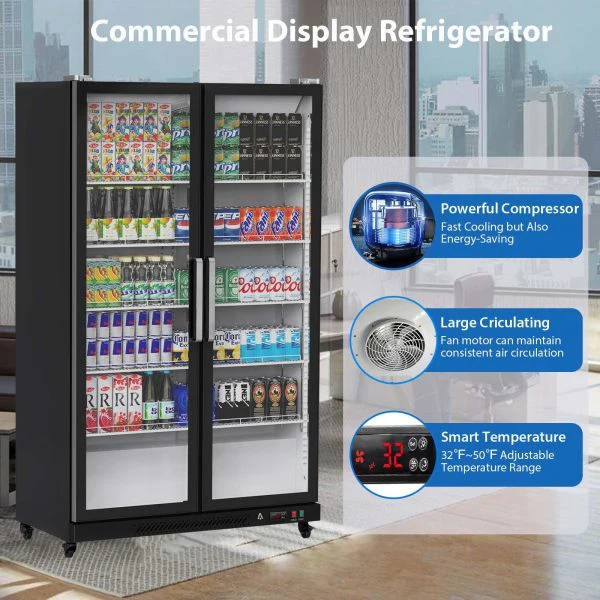 Commercial Refrigerator, Glass Door with LED Lighting – Upright Beverage Display Cooler for Home, Store, Gym, or Office, Featuring Double Swing Doors and 39 cu.ft