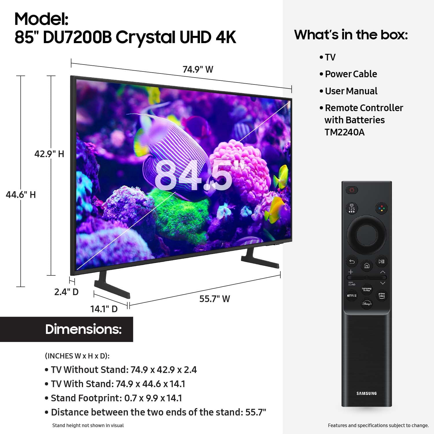 Samsung 85′′ Crystal UHD 4K Smart TV DU7200B with PurColor, HDR, and Tizen OS – 2024 Model