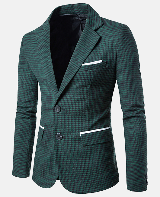 Houndstooth Tweed Contrast Trim Notch Lapel Single Breasted Blazer
