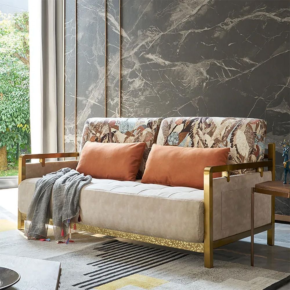 Modern Queen Convertible Sleeper Sofa Gold Metal Beige Upholstered Sofa Bed Pillow