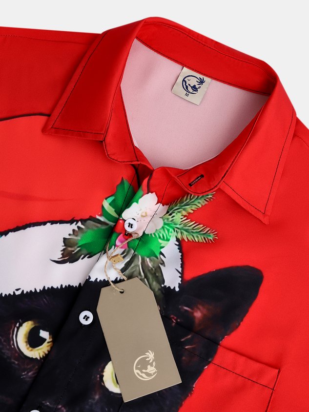 Mens Retro Christmas Black Cat Print Front Buttons Soft Breathable Chest Pocket Casual Hawaiian Shirt