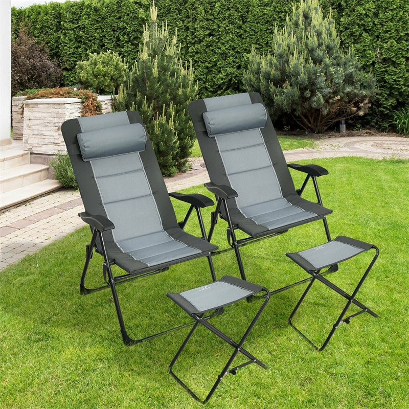 4 Pcs Patio Folding Chair with 2 Foot Tools, Outdoor Camping Chair with 7 Position Adjustable Backrest Headrest Mesh Bag