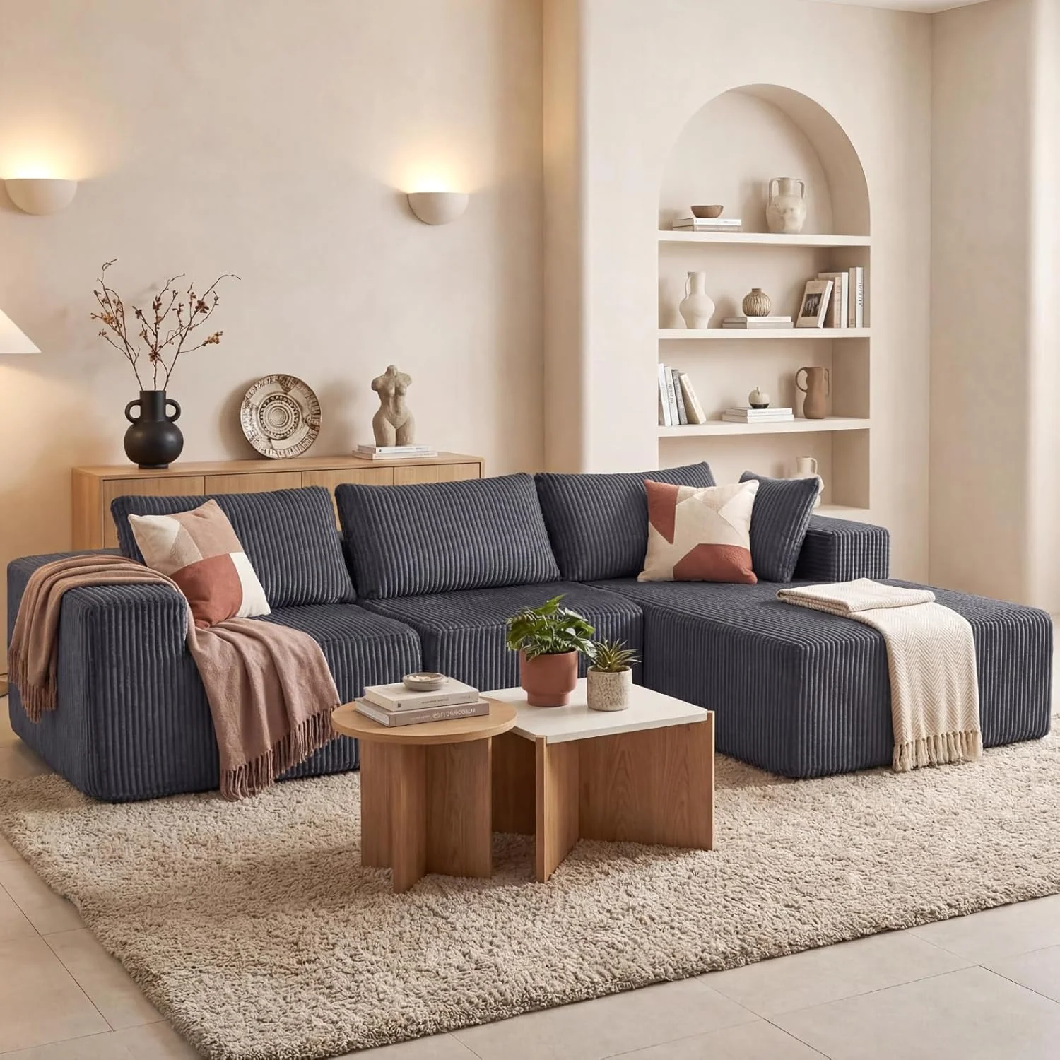 DUMOS 108" Boneless Couch, Cloud Sectional Couch with L-Shape Chaise, Modular Sectional Sofa with Deep Seat, Upholstered Couch for Living Room Bedroom, No Assembly Required (Beige, Left Facing Chaise)