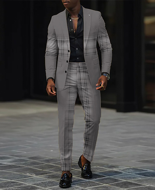 Casual Lapel Collar Button Pattern Blazer & Pants 2Pcs Set