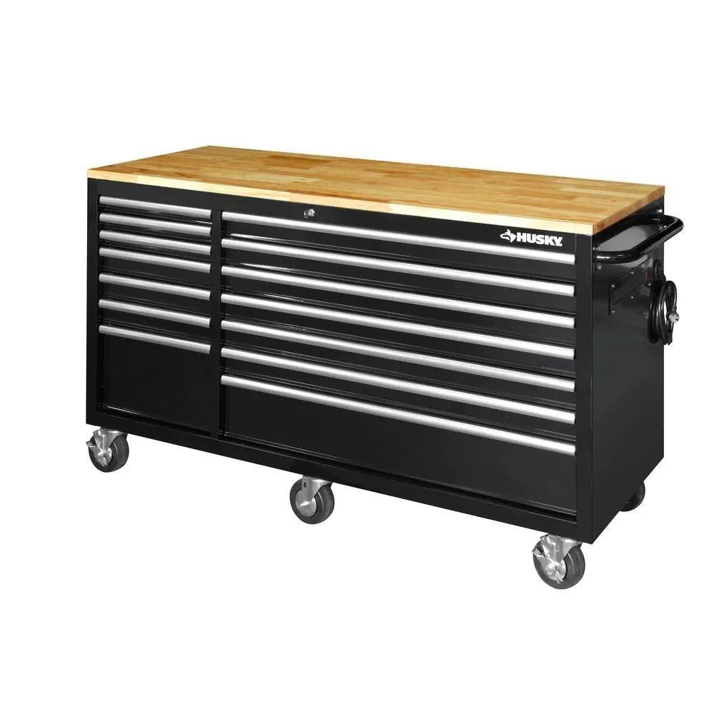 62 in. 14-Drawer Mobile Workbench mit Solid Wood Top, Schwarz