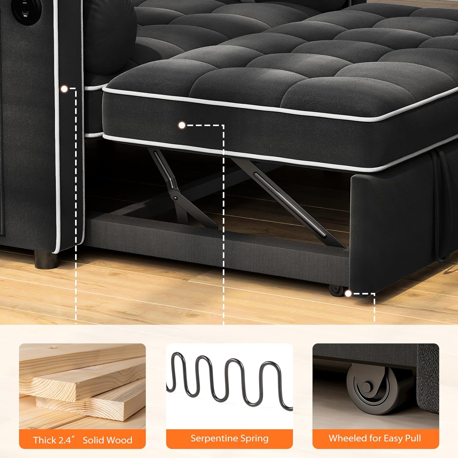 Pipishell 3 in 1 Convertible Sleeper Sofa Bed,Pull Out Couch for Living Room with USB Ports & Side Pockets,Adjustable Backrest,Velvet,Loveseat Sofa Bed,Futon Couches,Black