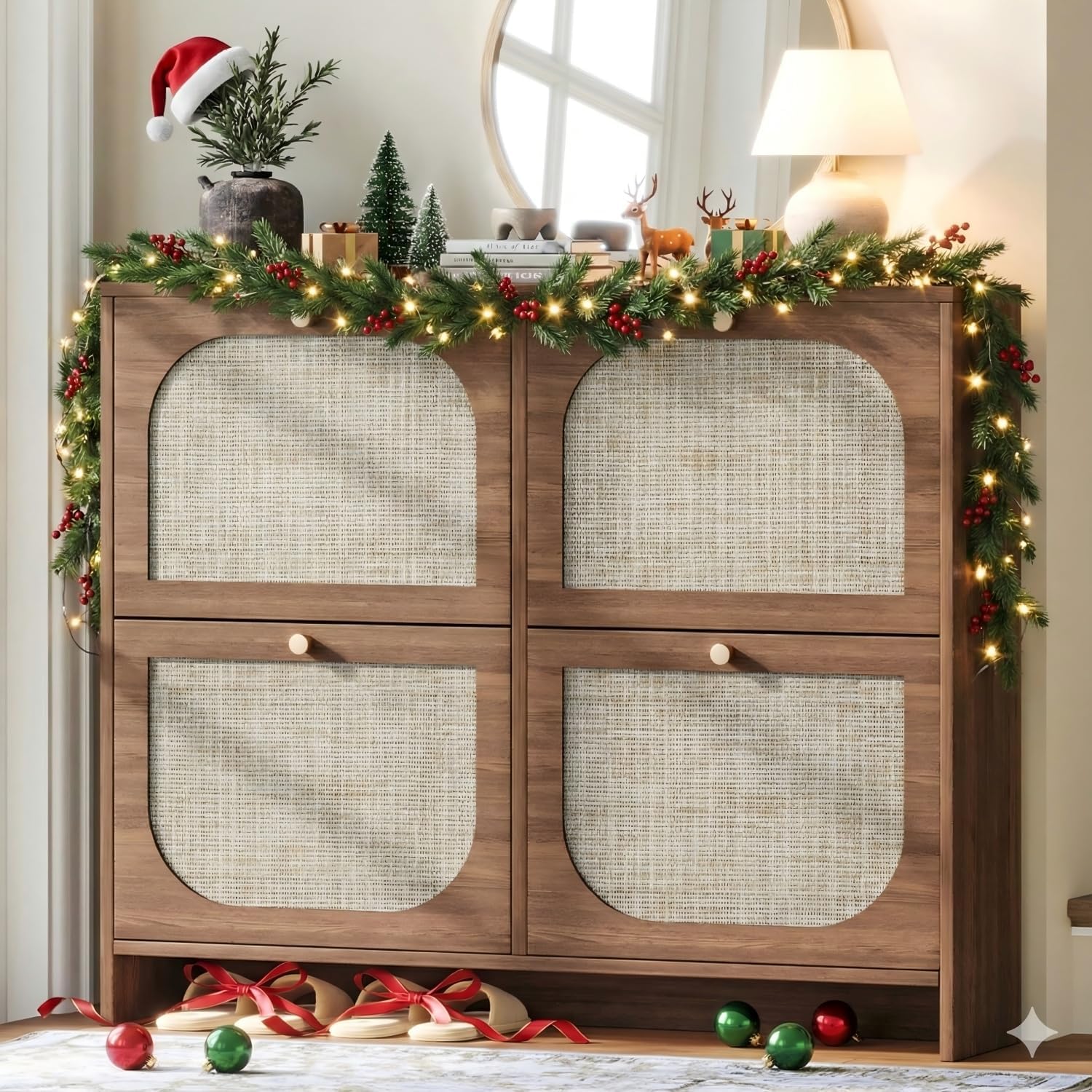 Nicetree Freestanding Ultra Slim Arched Rattan Accent Shoe Storage  Modern Rustic Shoe Rack