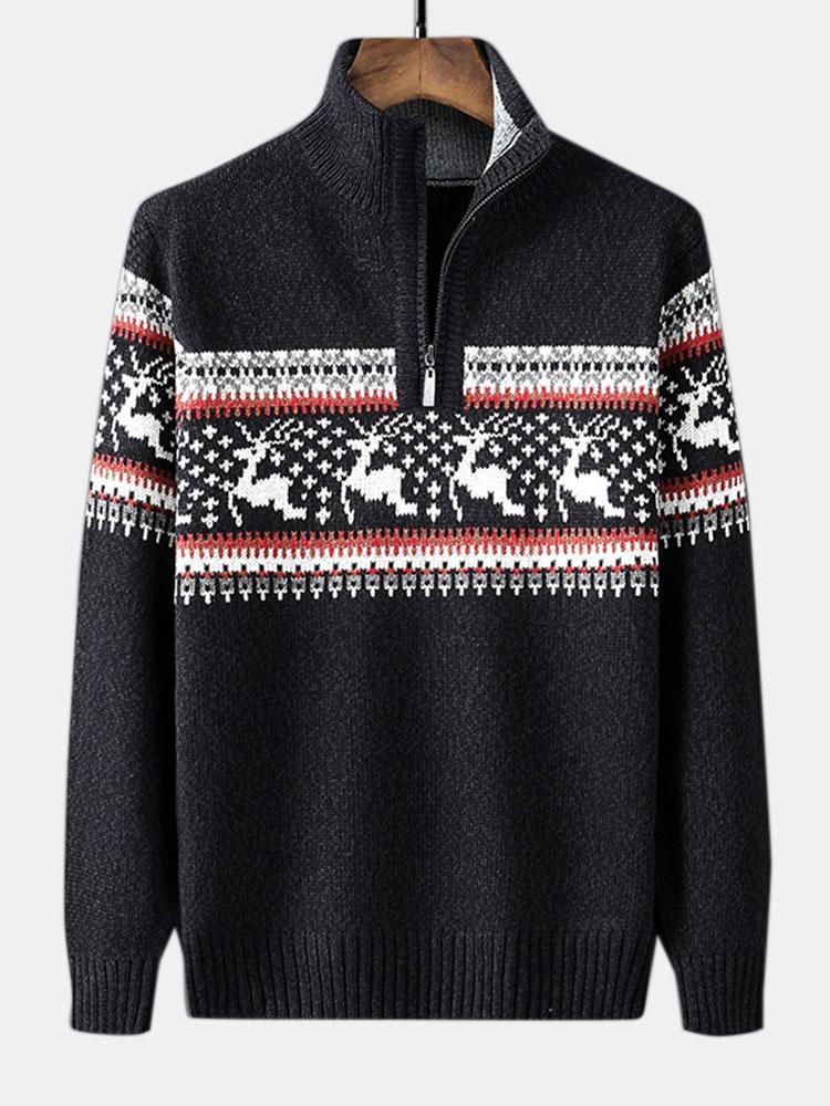 Christmas Moose Print Half Zip Sweater